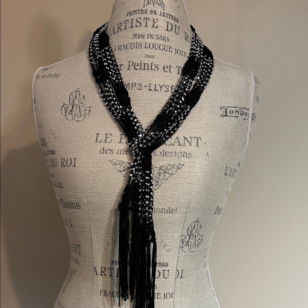 Crochet Beaded Scarf, Black, Silver Beaded